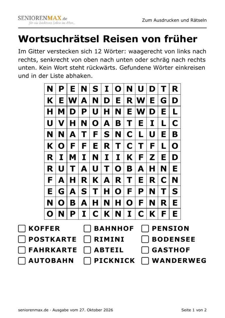 Vorschau: erste Seite der Vorlage Buchstabensalat zum Ausdrucken: Reisen von früher