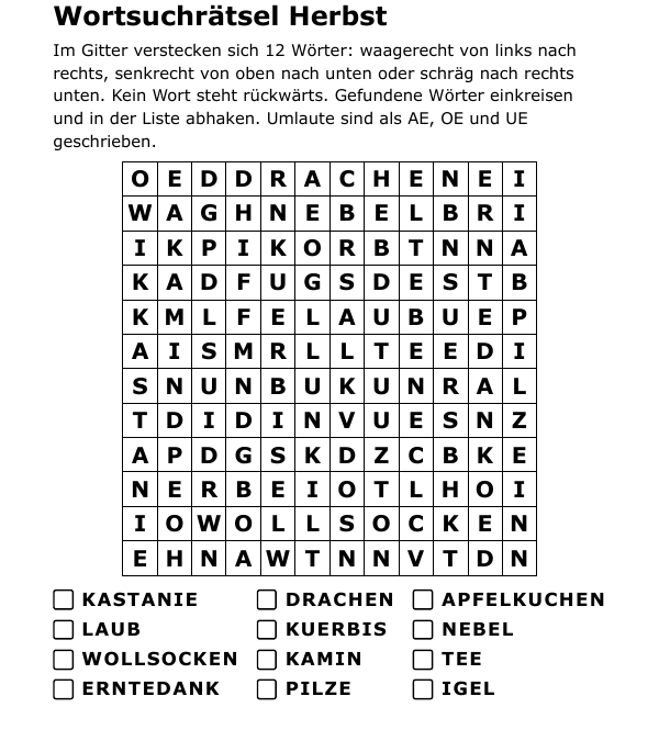 Vorlage: Wortsuchrätsel Herbst