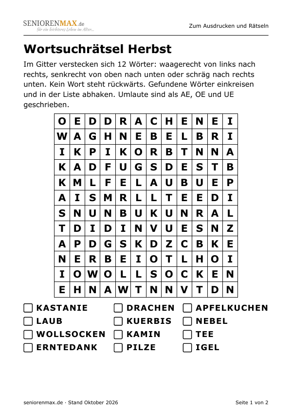 Erste Seite des Wortsuchrätsels Herbst in Großdruck: Buchstabengitter mit zwölf Feldern je Reihe und Wortliste zum Abhaken
