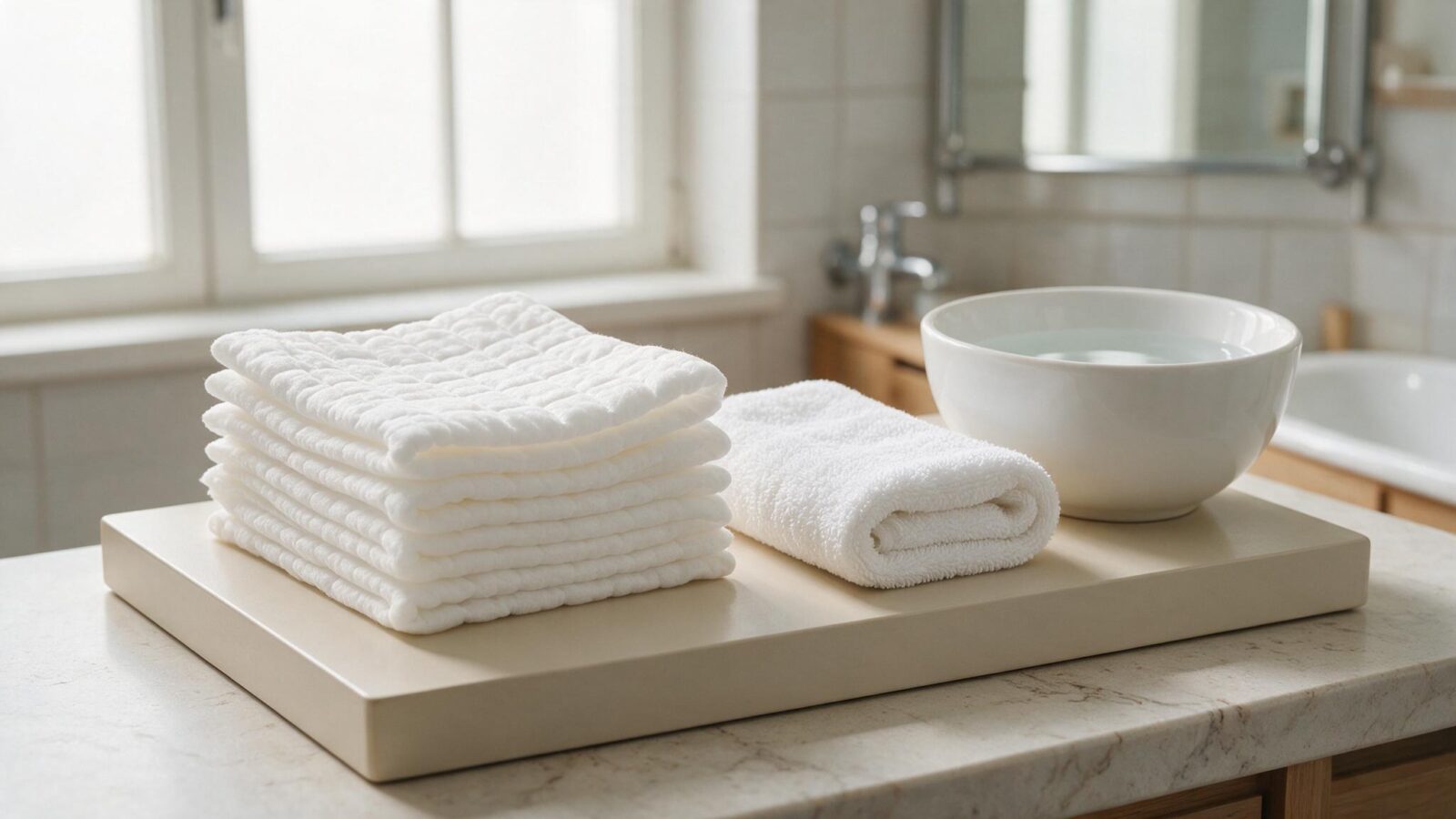 Stapel weicher Waschlappen liegt mit Handtuch und Wasserschale im Badezimmer bereit.
