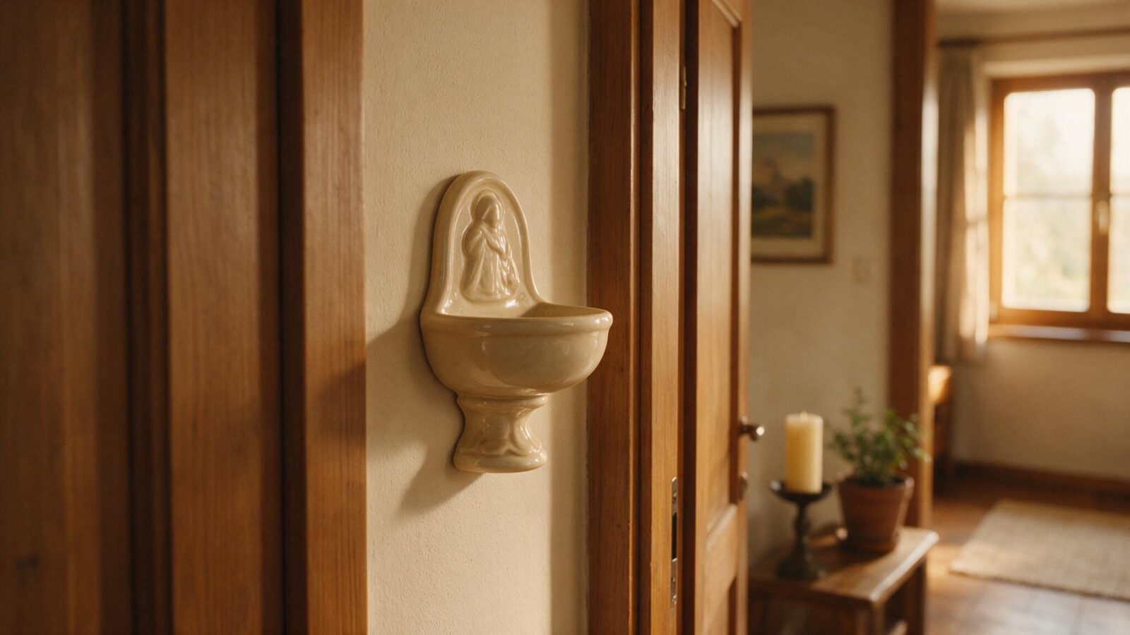 Kleiner Weihwasserkessel aus Keramik hängt neben einer Zimmertür an der Wand.