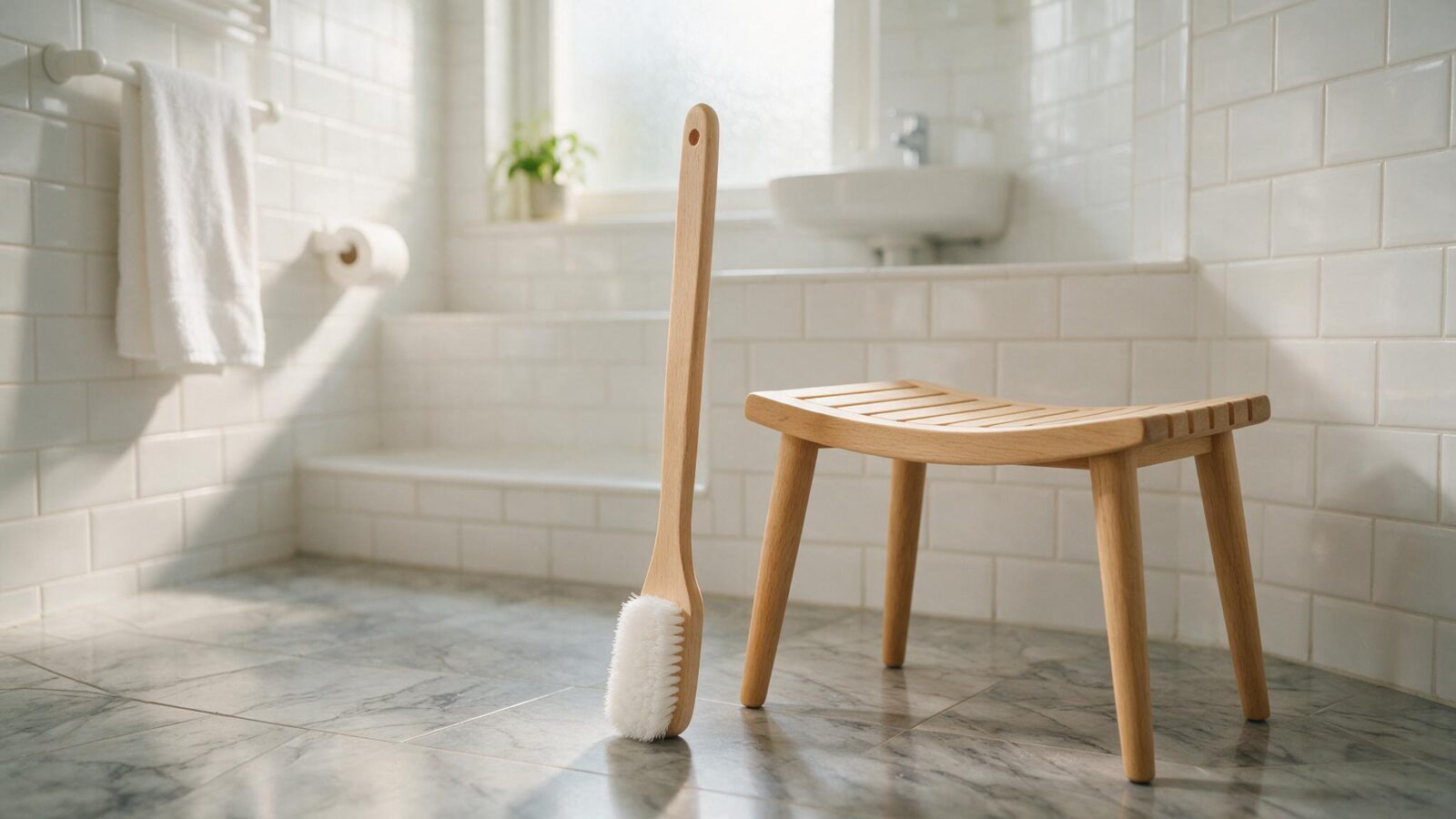 Langstielige Fussbürste steht im Badezimmer neben einem Holzhocker.